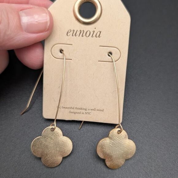 Eunoia Gold Tone Dangle Earrings Long Clover Drop Modern Fashion Jewelry NYC - Picture 1 of 4